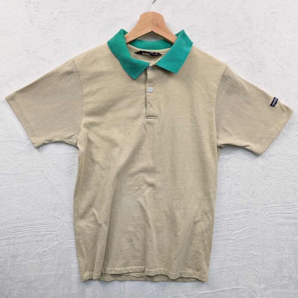 VTG Levi's Polo Shirt Men's M Tan Teal Paper Thin 50/50 Indie Sleaze Disco 70s
